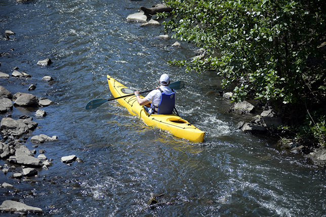 A paddler seated in a kayak navigating along a river.