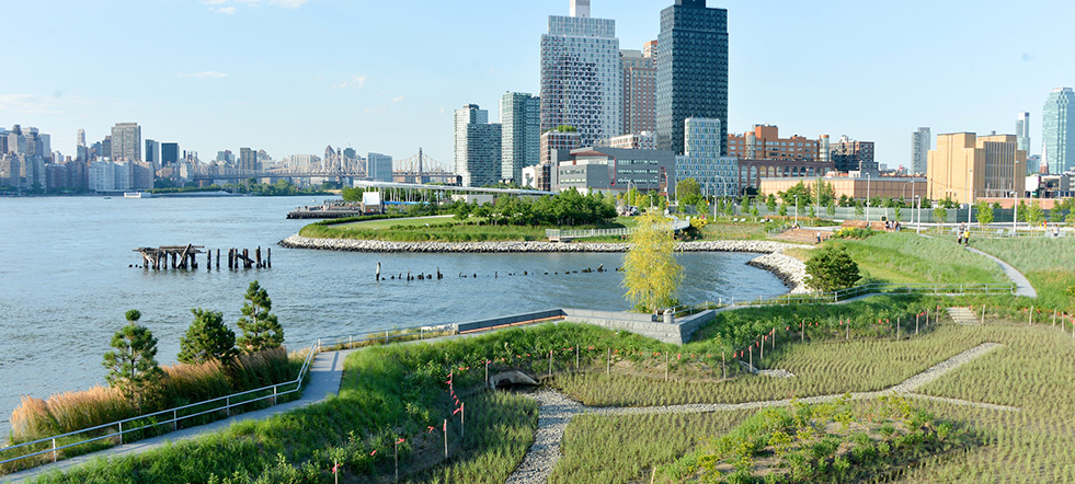 Aerial view of a park, with sustainable park design features, along a waterway that looks out                      to the Manhattan skyline