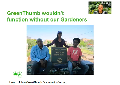 screen grab of how to join a greenthumb community garden workshop webinar with words 'greenthumb wouldn't function without our gardeners'.