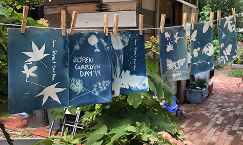 hanging banners made with blue dye with nature shapes at open garden day