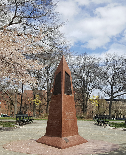 A red-granite pedestal monument to Ronald McNair