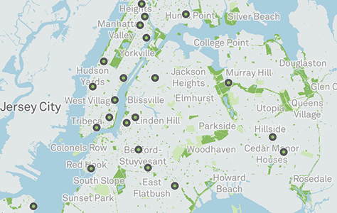 A detail of a map of New York City with markers at locations where Recreation Center programming is taking place