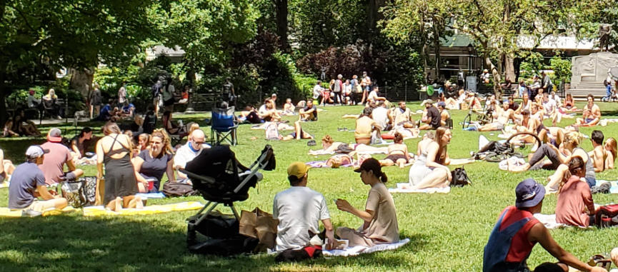 people lay on the grass and picnic in a park