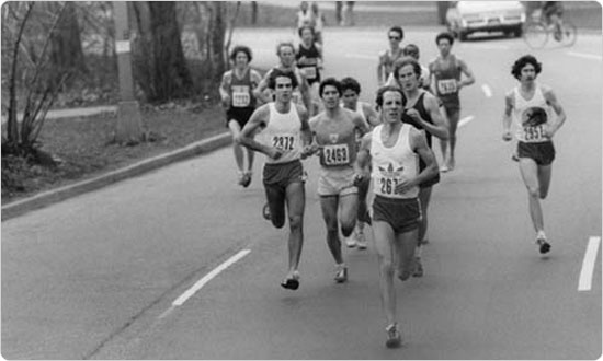 A pack of men reach the Central Park portion of the New York City Marathon, early 1980s.