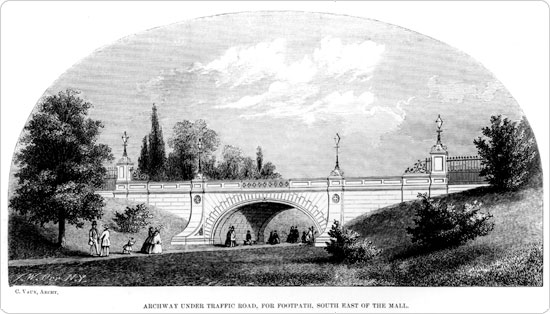 Image of ?Archway under traffic road, for footpath, south east of the mall." From an 1859 annual report. An example of the advances Olmsted & Vaux made in balancing pedestrian needs with transit needs.