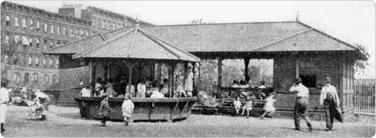 View of Sand House and Pavilion at St. Gabriel?s Park Playground, circa 1911. Courtesy of Parks Photo Archive.