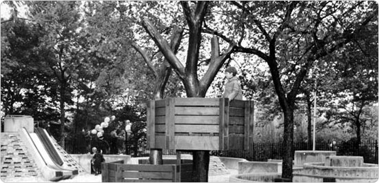 A child plays in the tree house at Adventure Playground?s opening in Central Park, May 25, 1967. Photo courtesy of Parks Photo Archive; Neg. 36077.