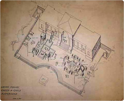 Check a Child Playground, Union Square, Manhattan, 1967. Drawing by Richard Dattner; Collection of the City of New York, Parks & Recreation Map File.