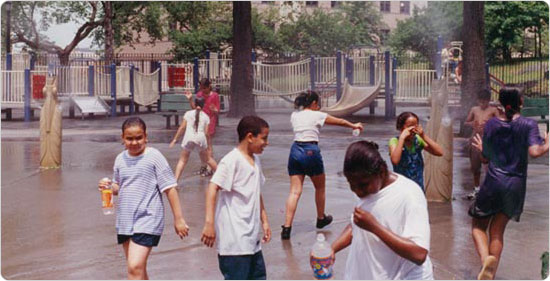 Children playing at Bathgate Playground in Crotona Park, Bronx, circa 1998. Photo by Benjamin Swett; courtesy of Parks Photo Archive; Neg. 53540.