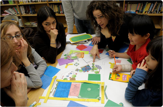 Parents, teachers, and students at P.S. 41 in Manhattan brainstorm design ideas for the transformation of their schoolyard into a playground as part of PlaNYC. Photo by Daniel Avila, February 27, 2009.