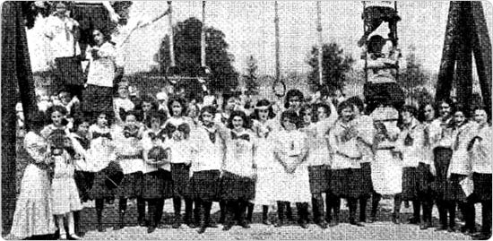 Public School Field Day, Pelham Bay Park, 1910. Girls on a temporary play apparatus. Source: 1910 Parks Department Annual Report.