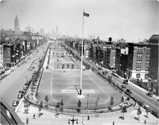 Overlooking Sara D. Roosevelt Park, Manhattan, August 24, 1936. Courtesy of Parks Photo Archive, Neg. 10840.