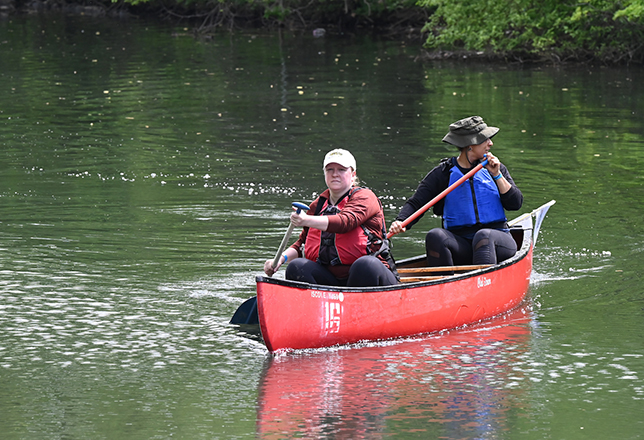 Two people paddling in a canoe on a body of water.