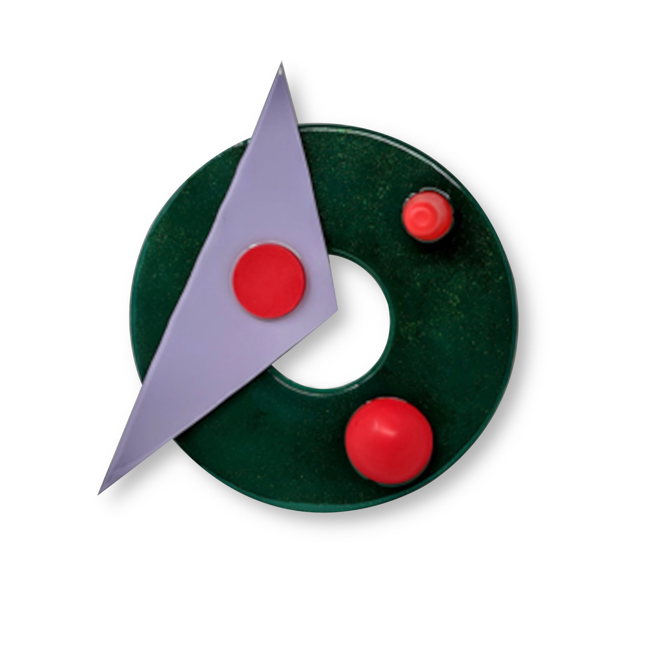  An image showing a holiday wreath made into a postmodern style. It is a green circle with smaller red dots and a purple triangle off center