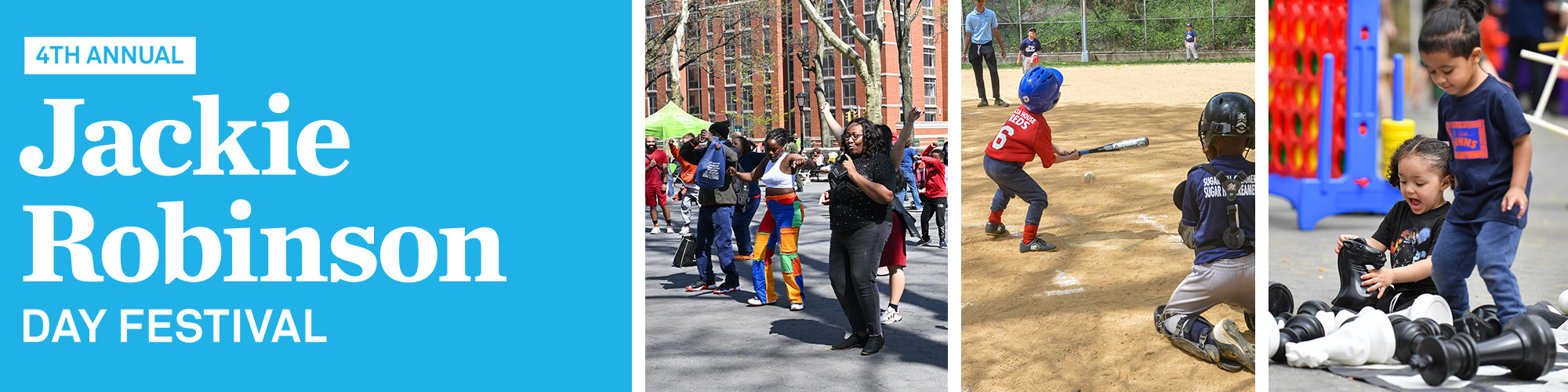 A banner with scenes from the Jackie Robinson Day Festival