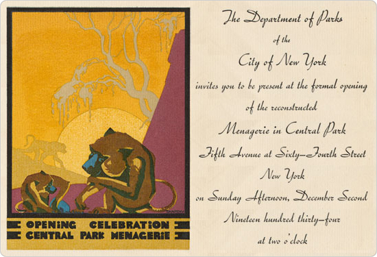 The invitation to the opening of the Menagerie in Central Park, December 2, 1934.