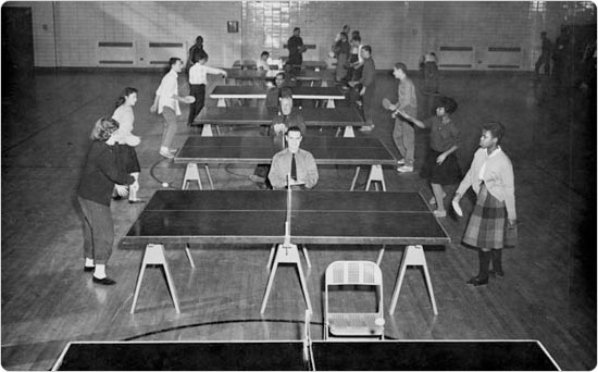 Indoor ping pong at St. John?s Recreation Center in Brooklyn provided wholesome entertainment during cold winter months, January 30, 1960.