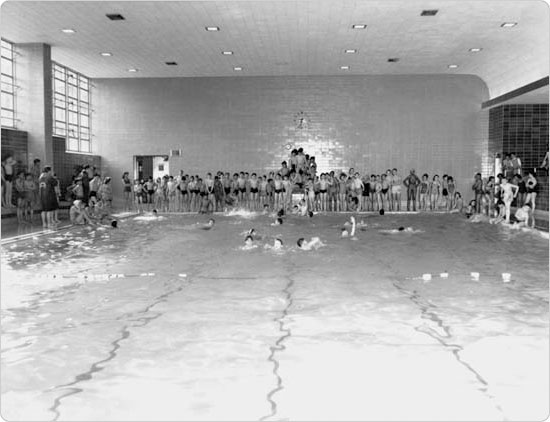 Indoor pools extended the New York swim season to a year-round schedule, St. Mary?s Pool, Bronx, September 6, 1951. Courtesy of Parks Photo Archive.