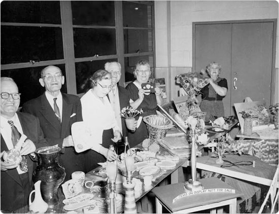 Golden Age participants display works created during arts & crafts at the Brownsville Recreation Center, April 25, 1959. Courtesy of Parks Photo Archive, April 25, 1959.