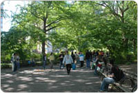 Benches surround the Imagine monument in Strawberry Fields