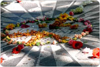 Visitors frequently drape the Imagine monument in flowers as a tribute to John Lennon