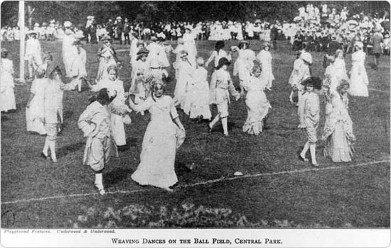 An early pageant ("weaving dances") on the Central Park ballfield, circa 1912. Neg. ANR631.