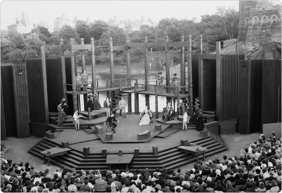 June 17, 1964 performance of Hamlet at the Delacorte Theatre, Belvedere Castle in the background. Neg. 31992.