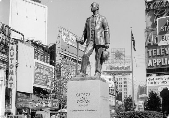 September 22, 1959 shot of the George M. Cohan monument in Father Duffy Square, 11 days after its dedication. Neg. 30641.1.