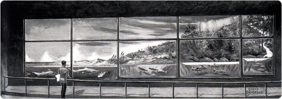 A rendering of the Water Cycle exhibit in the soon-to-come New York Aquarium in its new Coney Island location, published by the New York Zoological Society in 1952.