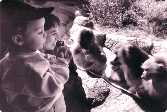 Lee Kuhn and mother Michele Herman enjoy the baboon exhibit at the Prospect Park Zoo opening on October 5, 1993. Photo by Simon Benepe.