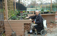 Park visitor in wheelchair interacts with sensory garden