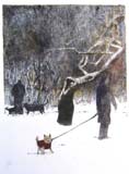 David Gordon, Dog Walk, 2010, hand colored lithograph, courtesy of the Art Students League