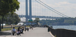 Path in Shore Parkway Greenway with Verrazano-Narrows Bridge in background