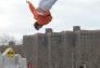 A member of The Skyriders demonstrates another way to get air--a trampoline